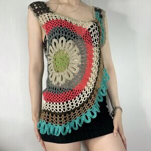 Crochet Asymmetrical See Though Tank Top Multi-Color Boho Beachy S/M